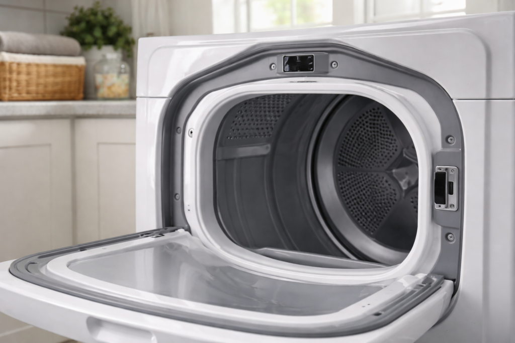 Residential clothes dryer with door open showing the door switch location inside the frame