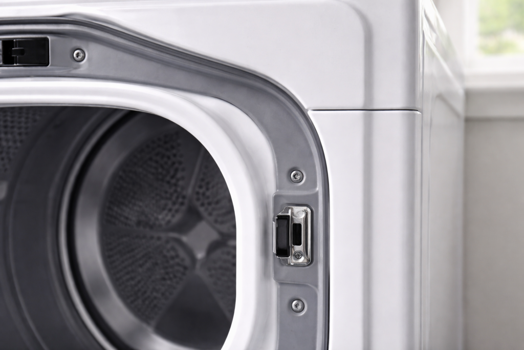 Dryer door switch mounted inside the dryer frame near the door latch