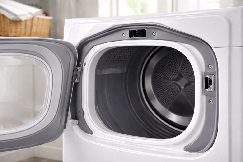 Clothes dryer door open showing the latch area where the door switch engages