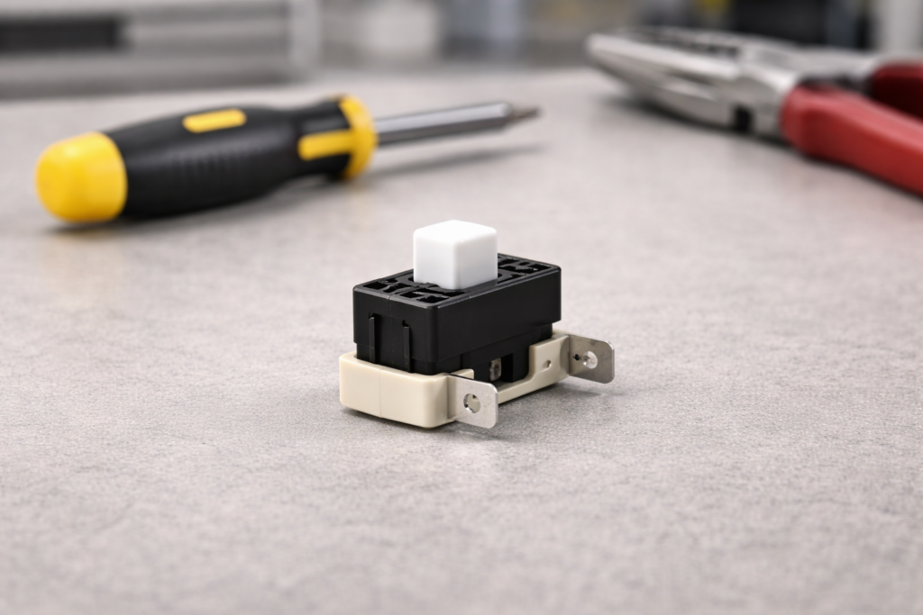 Dryer door switch component placed on a workbench during appliance repair