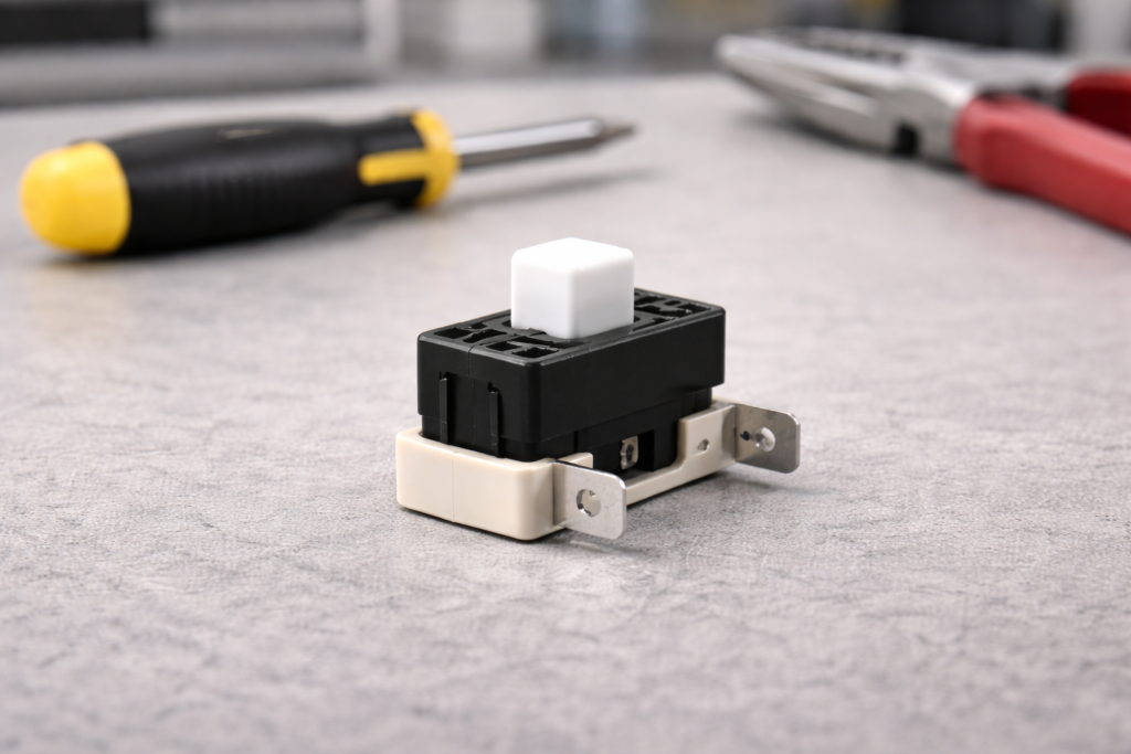 Close-up of a dryer door switch actuator button on a repair workbench