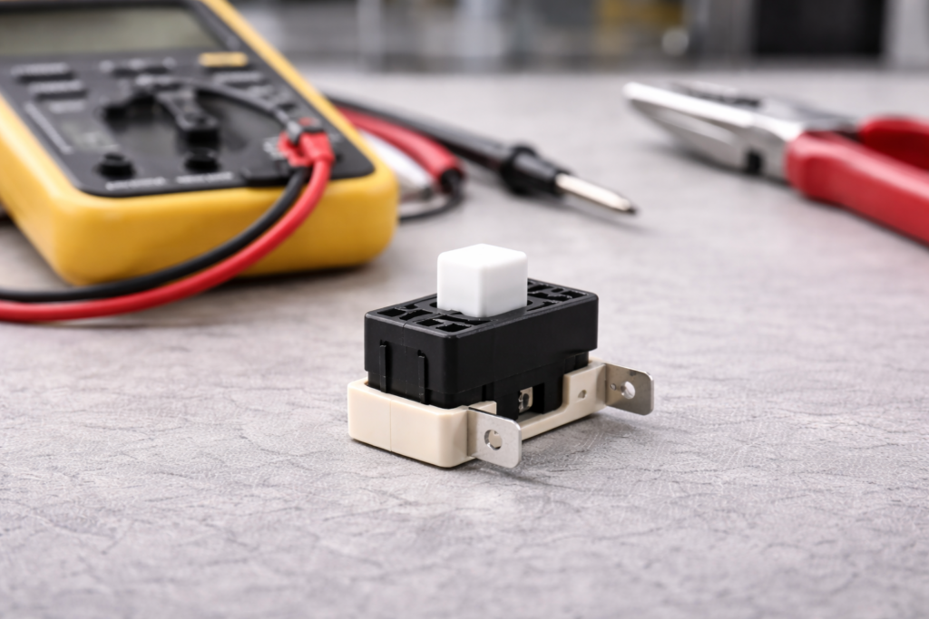 Dryer door switch being tested with a multimeter on a repair workbench